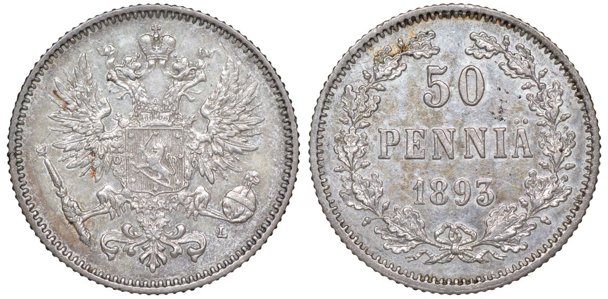 Россия для Финляндии 50 пенни 1893 L, Александр III (1881-1894) Биткин 237 серебро    1531-1324