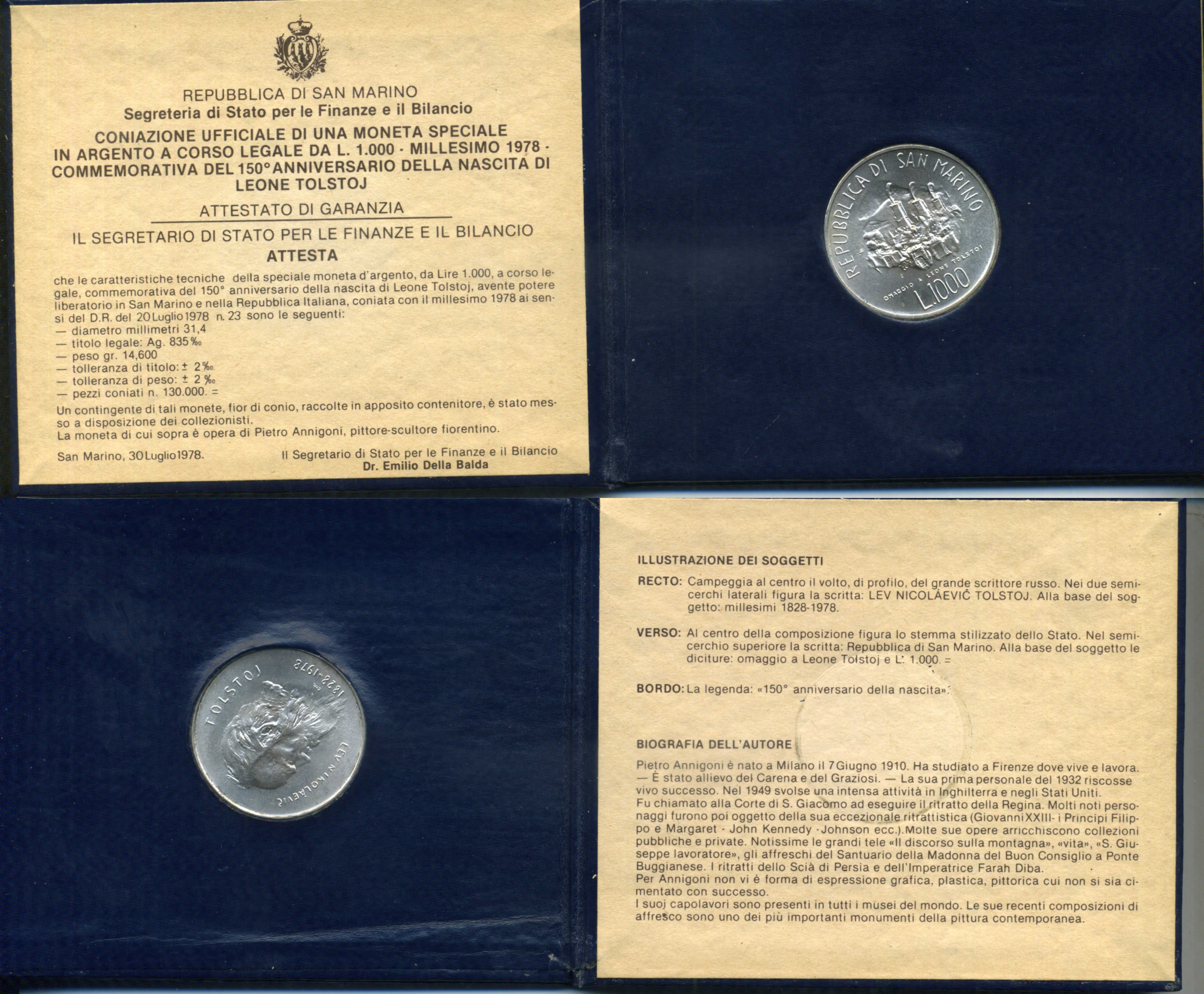 Сан-Марино 1000 лир 1978 150 лет со дня рождения Льва Николаевича Толстого, в оигинальной упаковке KM 85 серебро UNC 7-4-1-48