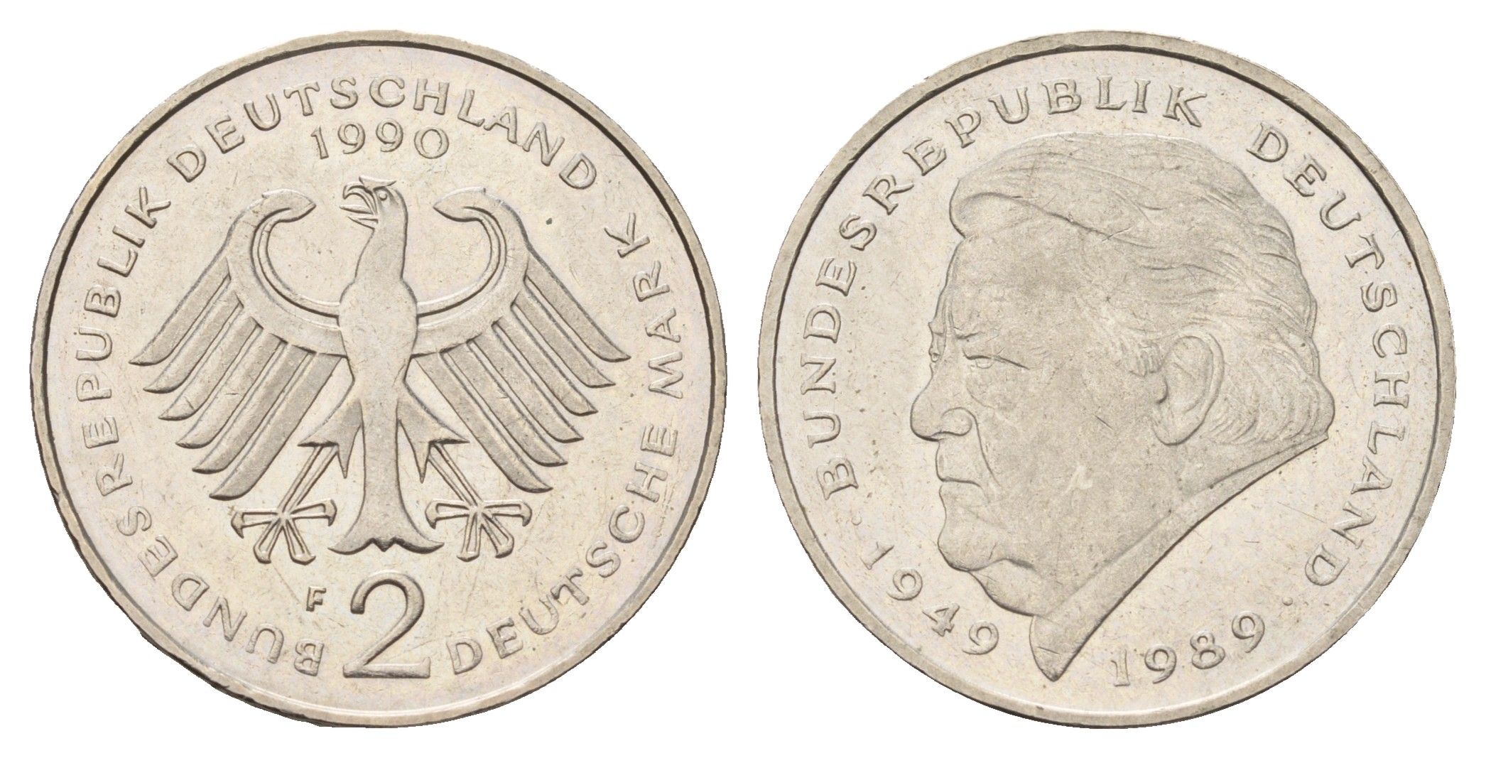 ФРГ 2 марки 1990 F, Франц Йозеф Штраус, 40 лет Федеративной Республике (1949-1989) KM 175, J. 450 медно-никель 3459-1024