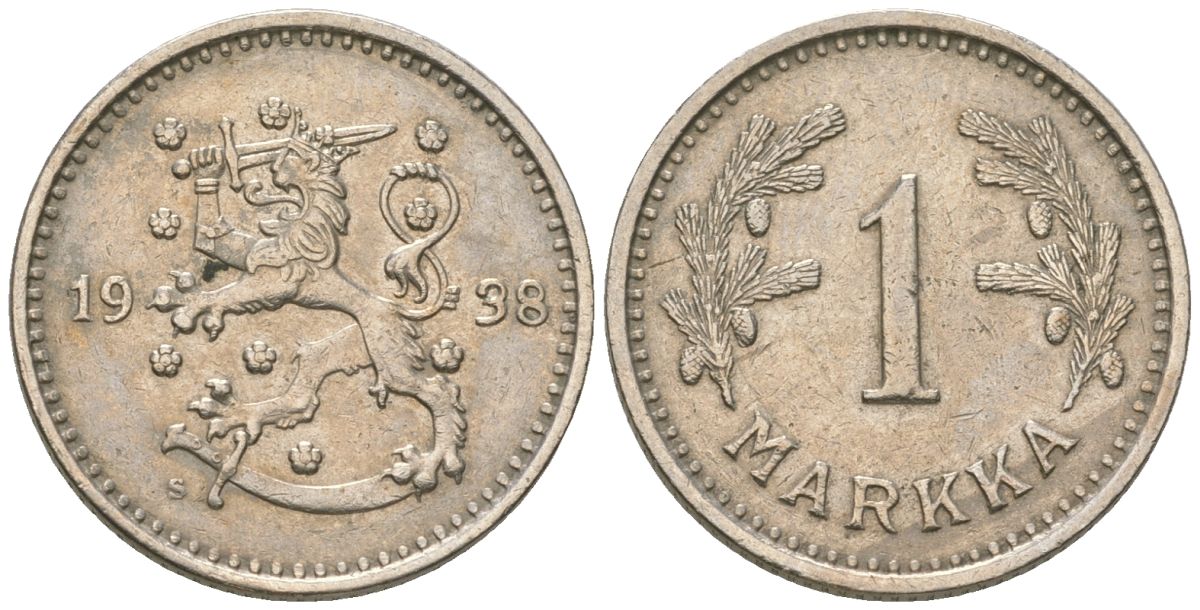 Финляндия 1 марка 1938 S KM 30 медно-никель 4173-657