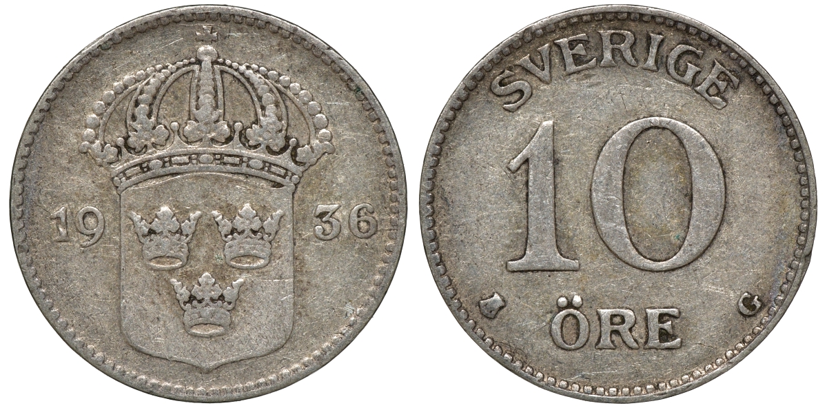 Швеция 10 эре 1936 G, короткая 6, Густав V (1907-1950) KM 780 серебро 4179-623