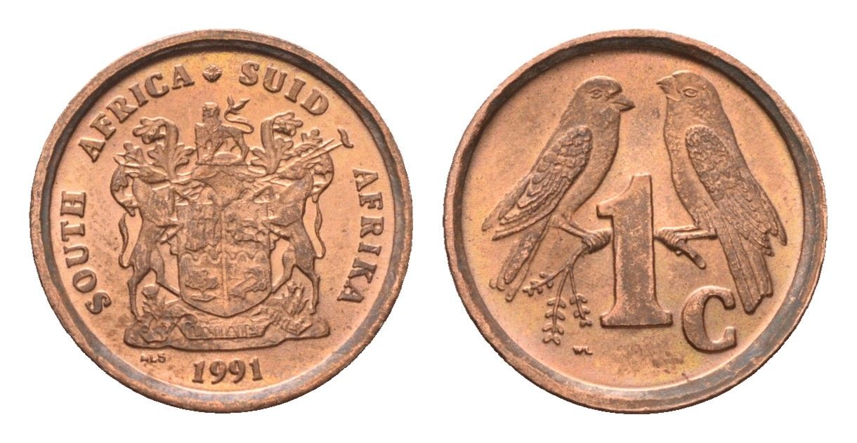 ЮАР 1 цент 1991 герб, капские воробьи KM 132 сталь плакированная медью UNC 4690-1265