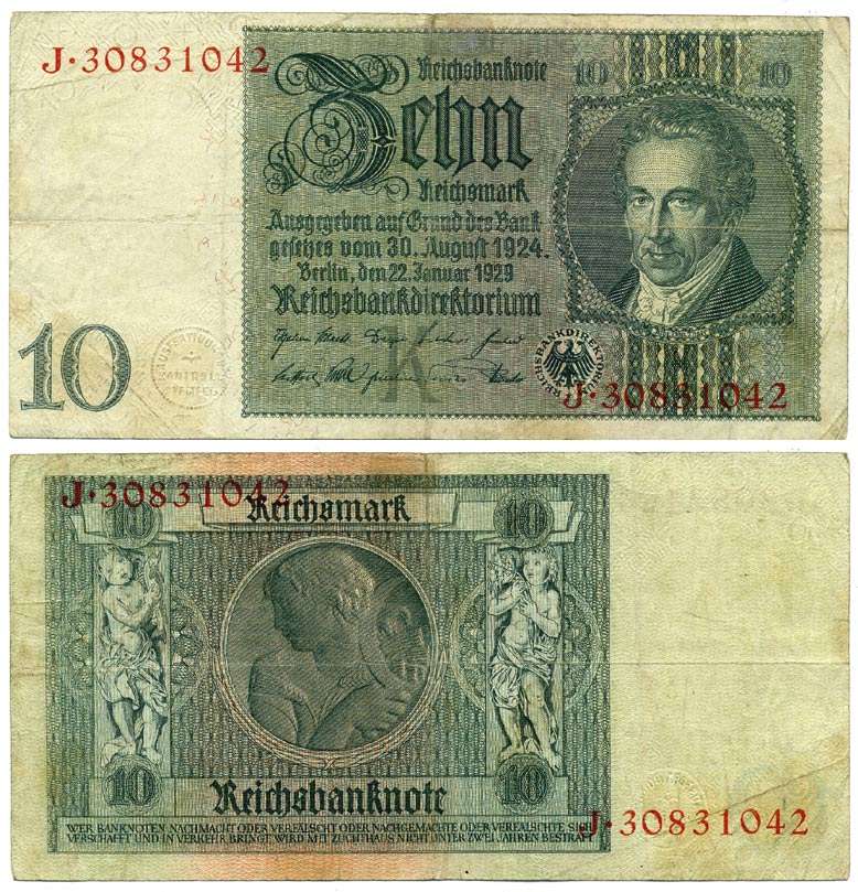 Германия 10 рейхсмарок 1929 Альбрехт Д. Тэер, буква K, серия J Pick 180a, Ros. 173е  бумага 6281-7-1-2