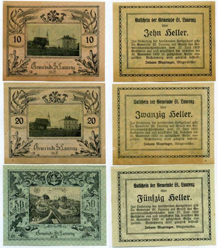 Австрия, Санкт-Лоренц набор из 3 банкнот 10, 20,  50 геллеров 1920 27 июня 1920 - 30 ноября 1920, нотгельд, земля Нижняя Австрия   бумага  UNC (пресс) 7555-13-2-1