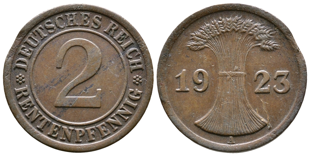 Германия 2 рентенпфеннига 1923 A KM 31, J. 307 бронза 4681-125