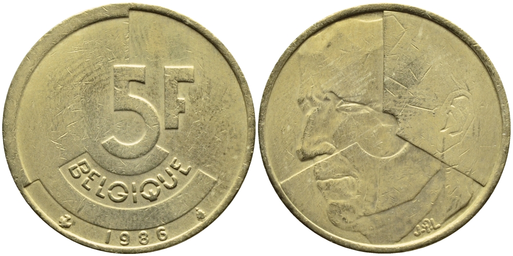 БЕЛЬГИЯ 5 ФРАНКОВ 1986 BELGIQUE KM 163 латунь или алюминевая бронза 4384-831