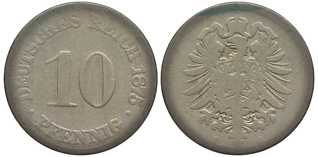 ГЕРМАНИЯ 10 ПФЕННИГОВ 1875 C, СТАРОГЕРБОВКА KM 4, Jager 4, Weege 7 медно-никель 4546-1123