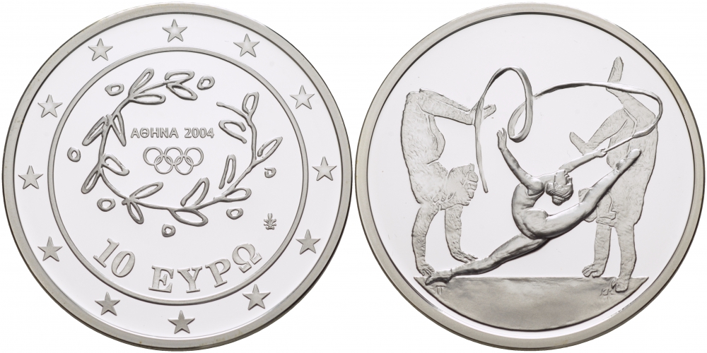 Греция 10 евро 2003 XXVIII летние Олимпийские игры 2004 года в Афинах, художественная гимнастика KM 199 серебро PROOF 02-203-33