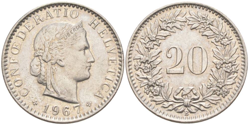 ШВЕЙЦАРИЯ 20 РАППЕНОВ 1967 В KM 29a медно-никель 55-852