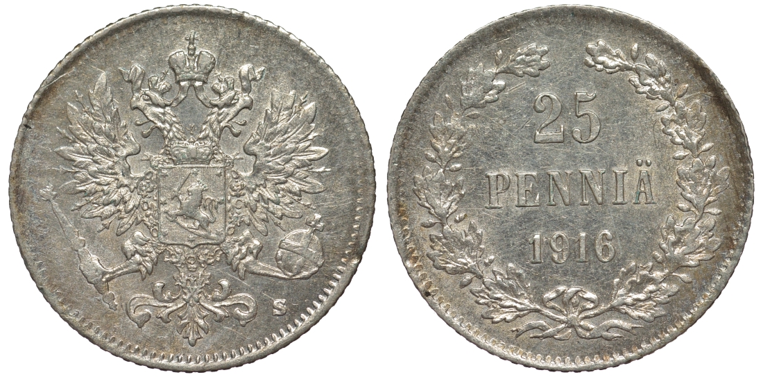 Россия для Финляндии 25 пенни 1916 S, Николай II (1894-1917) KM 6.2, Биткин 421 серебро 75-1332