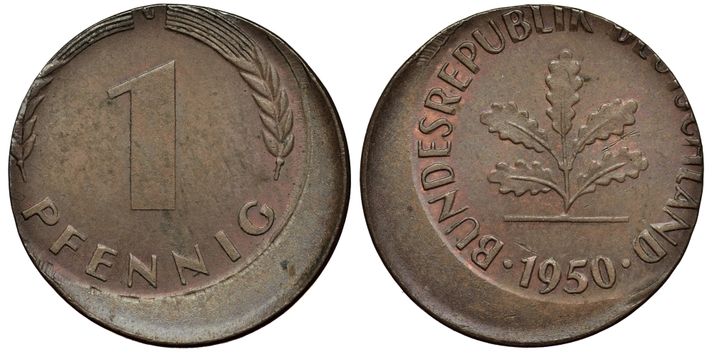 ФРГ 1 ПФЕННИГ 1950 БРАК ЧЕКАНКИ СДВИГ ШТЕМПЕЛЯ KM 105, J.380 сталь плакированная медью 413-5145