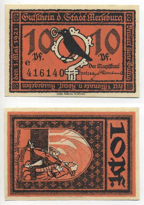 МЕРЗЕБУРГ 10 ПФЕННИГОВ 1921 НОТГЕЛЬД, 1 МАЯ 1921, ЗЕМЛЯ САКСОНИЯ-АНХАЛЬТ, БУКВА Е Grabowski 884.2a бумага 7217-53-7