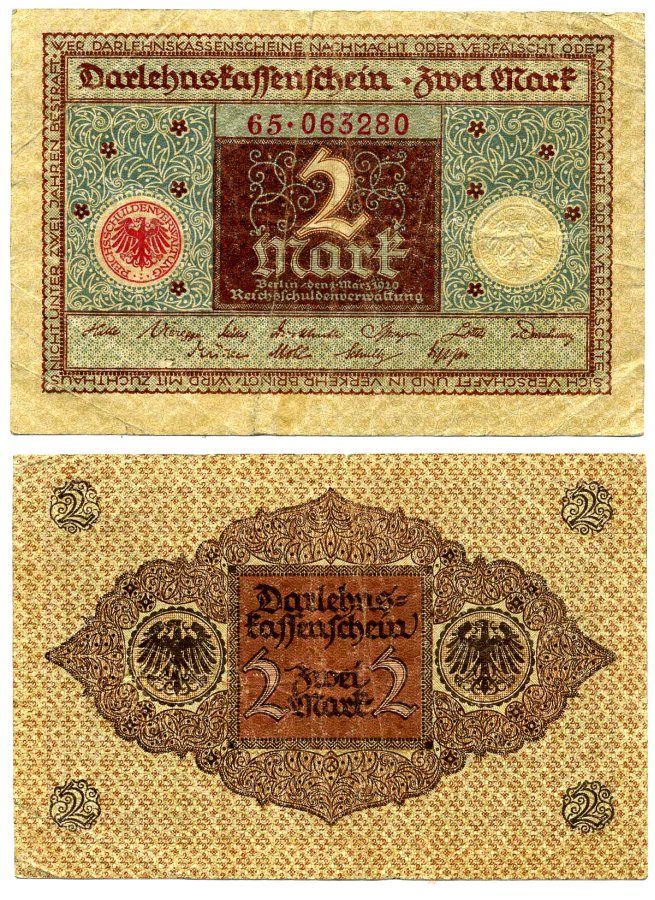 Германия 2 марки 1920 1 марта 1920, коричнево-голубая, серия 65 Pick 60, Розенберг 65а бумага VF 2195-33-2-1