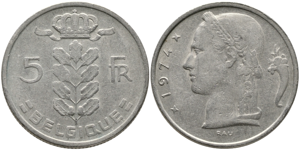 БЕЛЬГИЯ 5 ФРАНКОВ 1974 BELGIQUE KM 134.1 медно-никель 65-1146