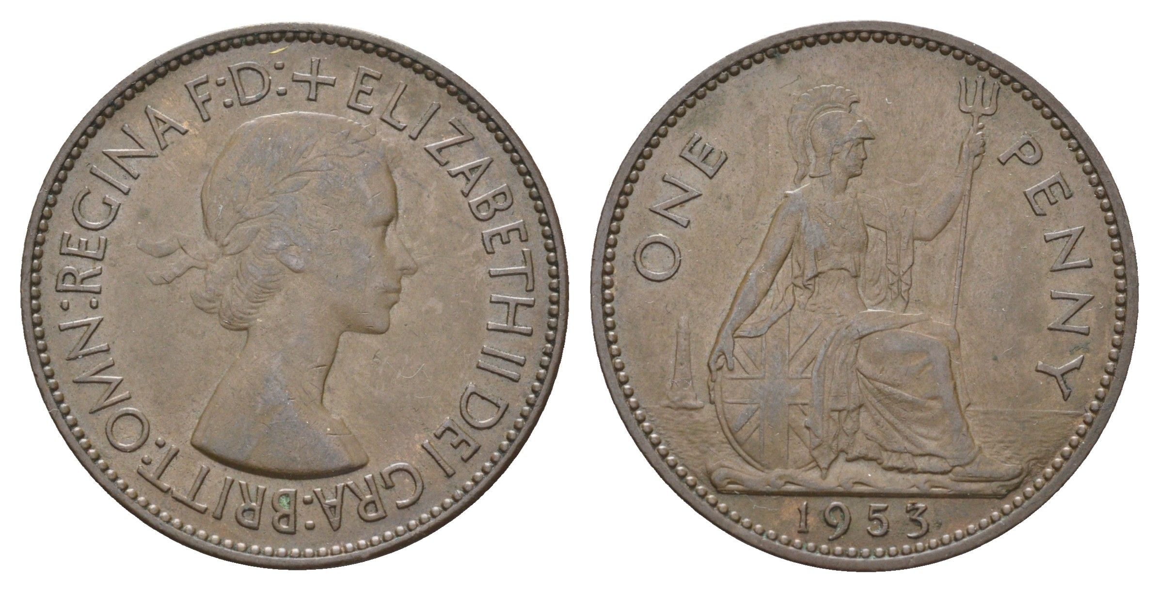 Великобритания 1 пенни 1953 Елизавета II (1952-2022) KM 883, Spink 4154 бронза 4044-443