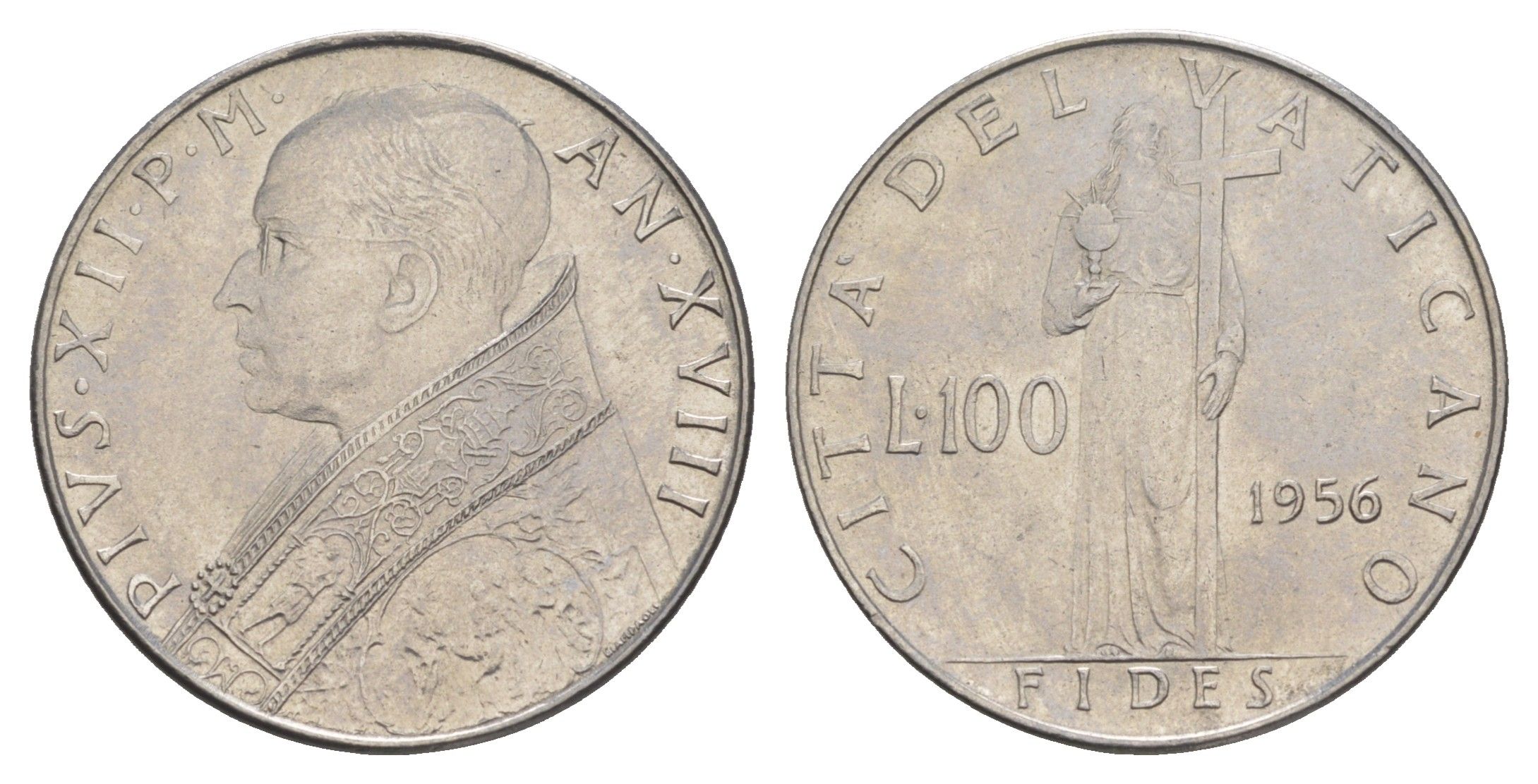 Ватикан 100 лир 1956 Пий XII (1939-1958) KM 55 нержавеющая сталь UNC 4652-825