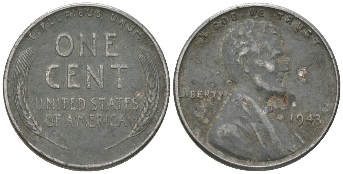 США 1 цент 1943 Авраам Линкольн KM 132 a сталь покрытая цинком 214-846