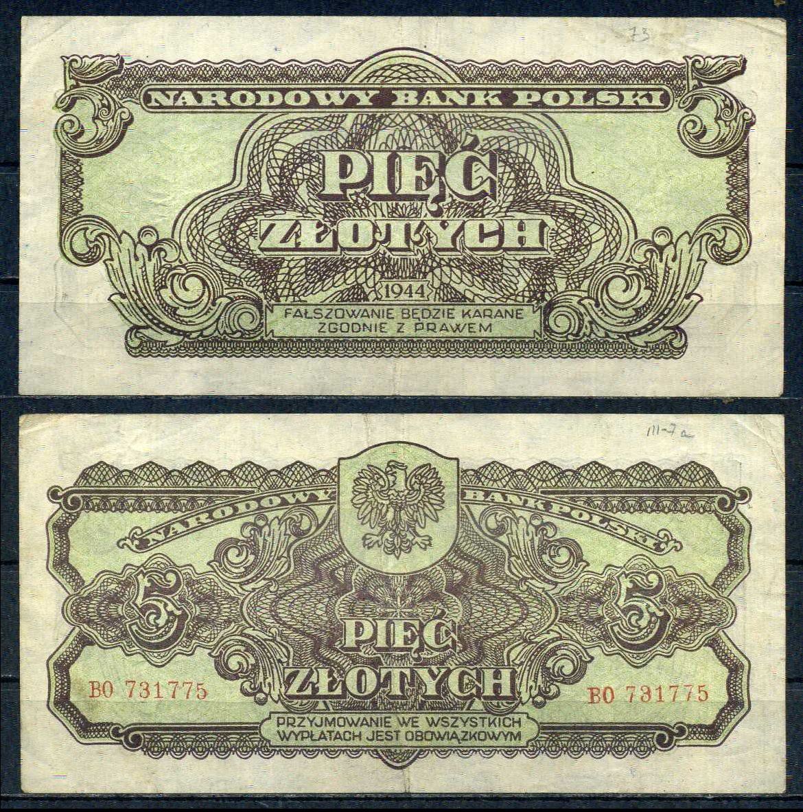 Польша 5 злотых 1944 OBOWIAZKOWYM Pick 107 бумага 6283-14-3-2