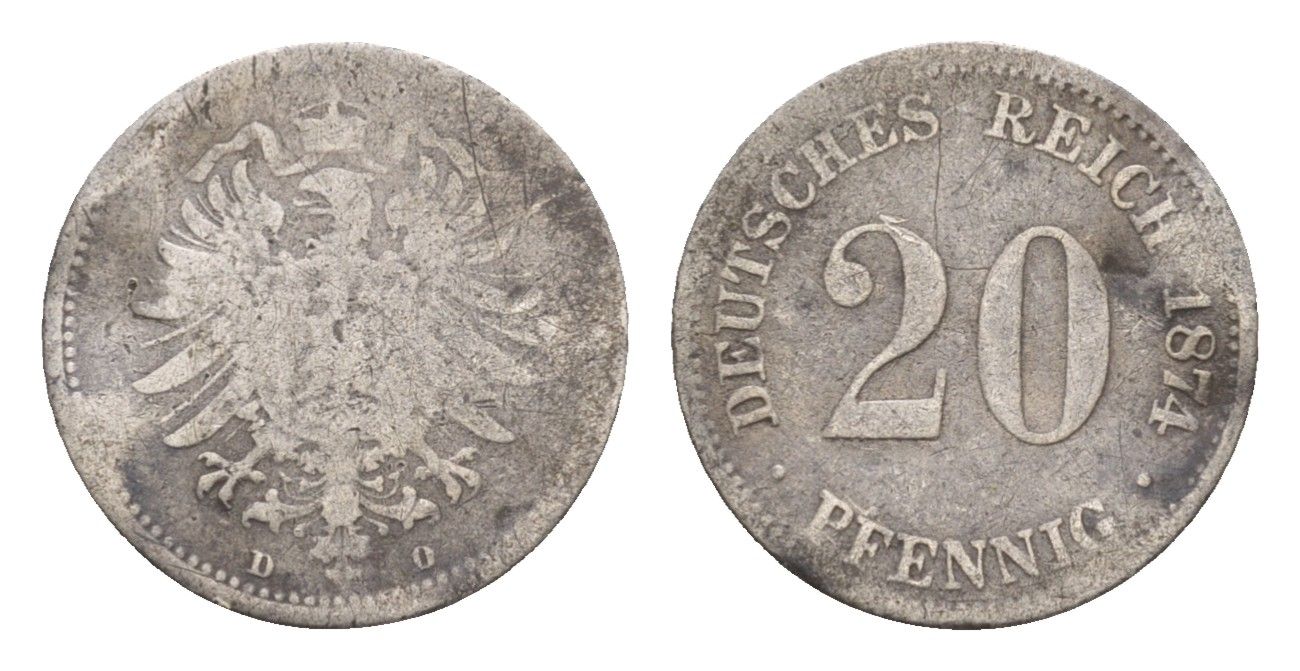 Германия 20 пфеннигов 1874 D KM 5 серебро 4655-466