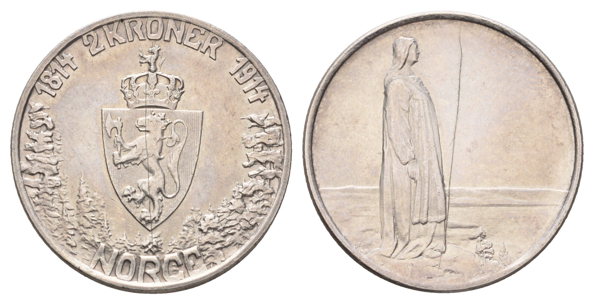 Норвегия 2 кроны 1914 100 лет Конституции Норвегии KM 377 серебро 1519-1241
