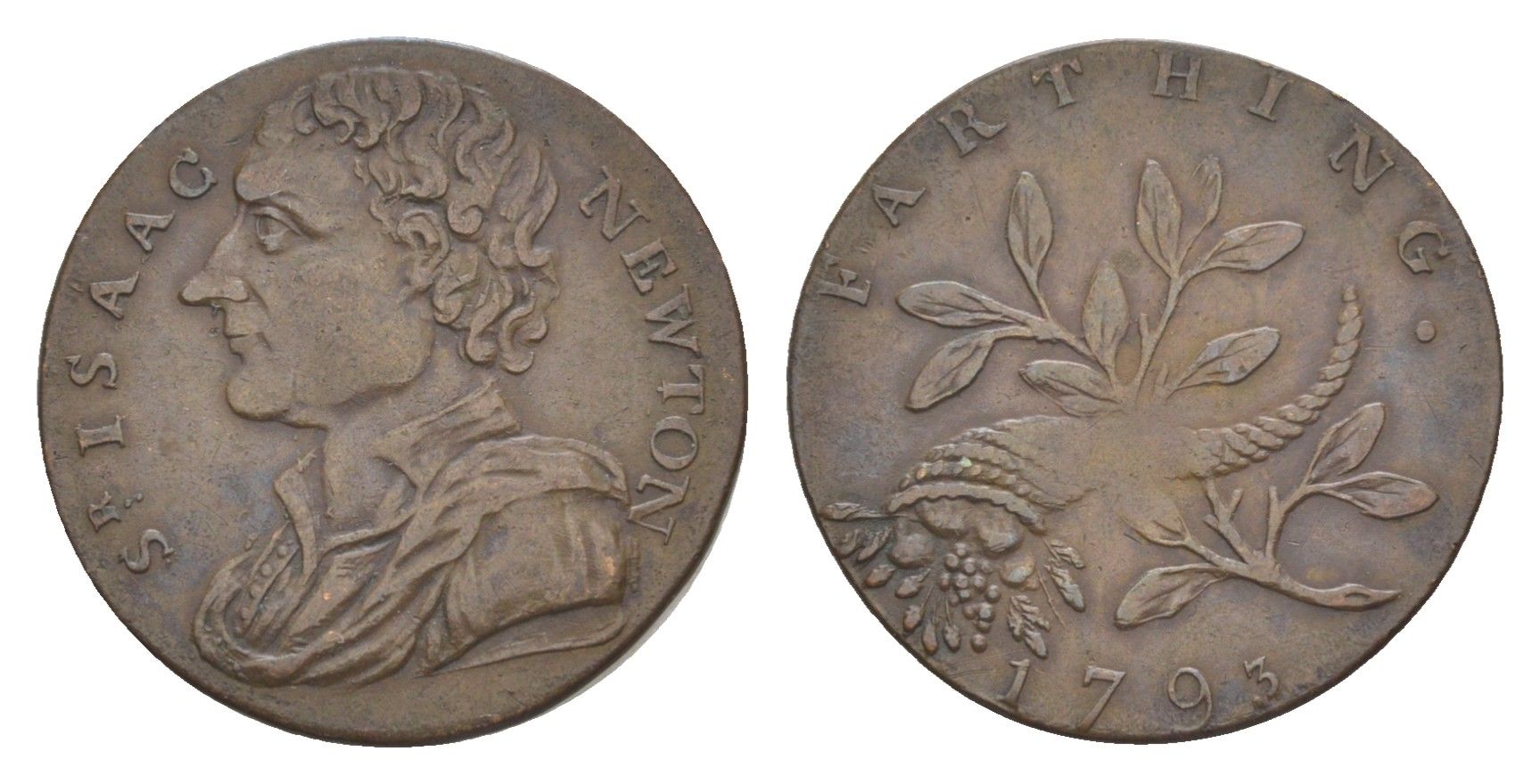 Великобритания, Мидлсекс 1 фартинг 1793 Исаак Ньютон, токен Dalton & Hamer 1151, Atkins 220 медь 3711-135