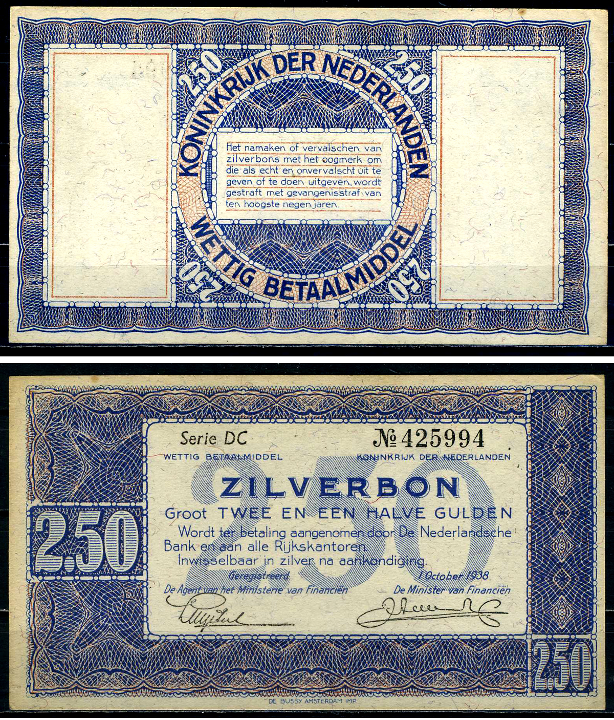 Нидерланды 2 1/2 гульдена 1938 серебряный ваучер, 2 буквы 6 цифр Pick 62, Akkermans 11.1 b бумага aUNC 451-594-3