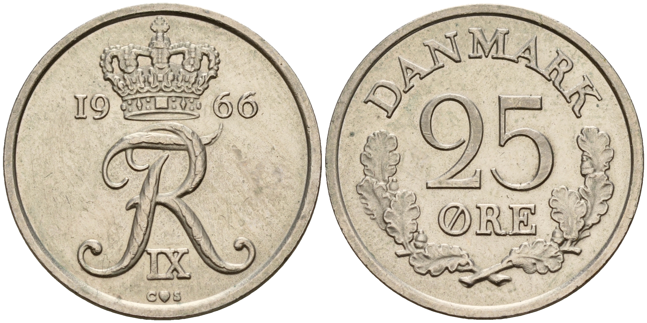 Дания 25 эре 1966 C; S, Фредерик IX (1947-1972) KM 850 медно-никель UNC 4601-851