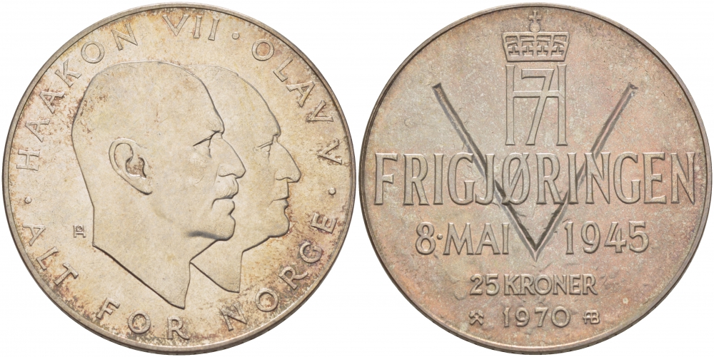 Норвегия 25 крон 1970 25 лет освобождения от фашизма KM 414 серебро UNC 1074-6-11