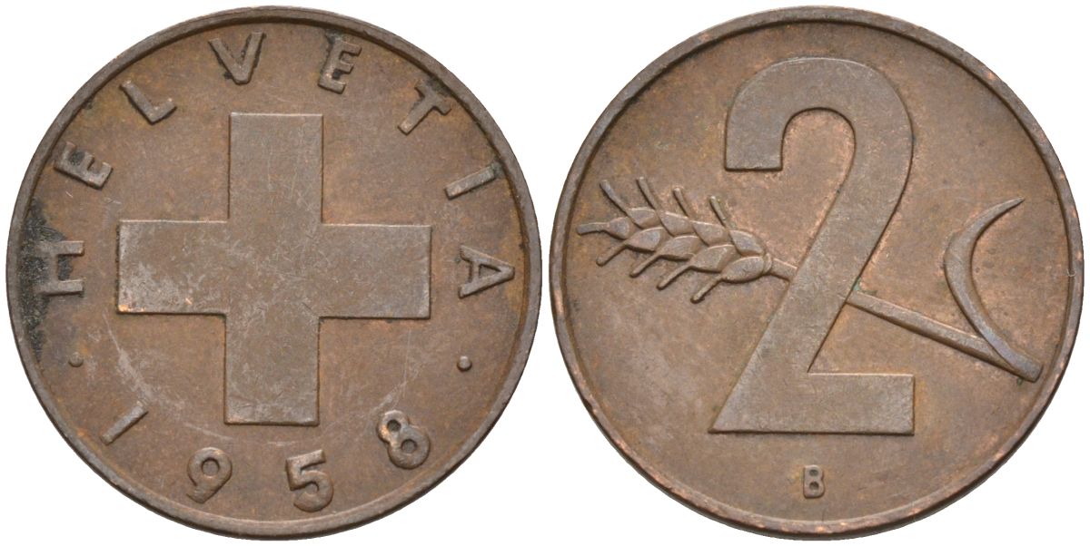 Швейцария 2 раппена 1958 В KM 47 бронза 4591-1223