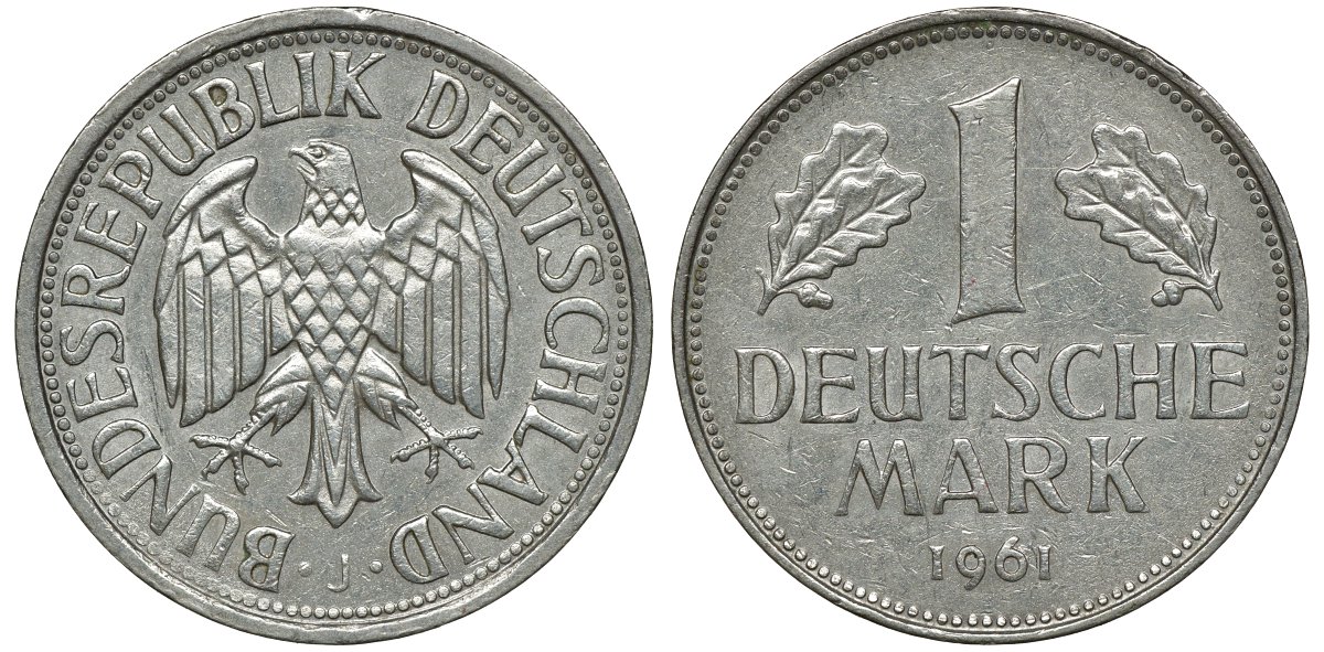 ФРГ 1 МАРКА 1961 J J 385, KM 110 медно-никель 72-716