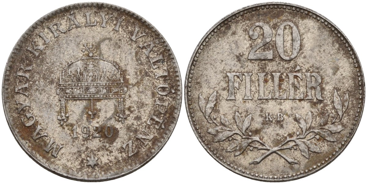 Венгрия 20 филлеров 1920 КВ, Карл I (1916-1918), редкий год KM 498 железо 4151-1028