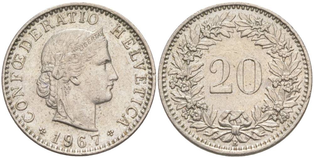 ШВЕЙЦАРИЯ 20 РАППЕНОВ 1967 В KM 29a медно-никель 55-851