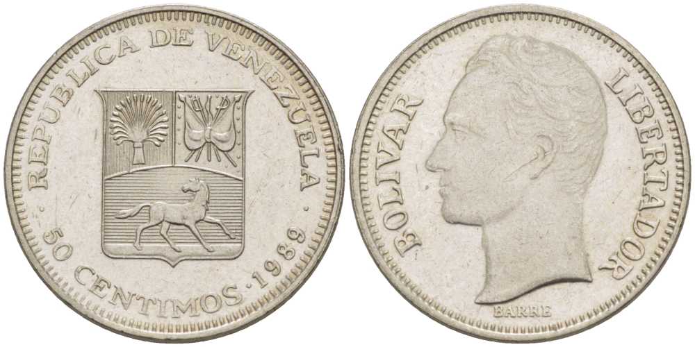 Венесуэла 50 сентимо 1989 Симон Боливар KM 41а сталь плакированная никелем 105-829
