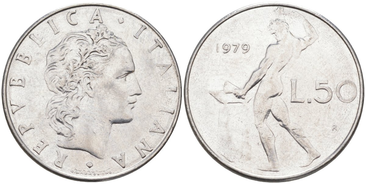 Италия 50 лир 1979 R, Бог огня Вулкан у наковальни KM 95.1 нержавеющая сталь 4525-1045