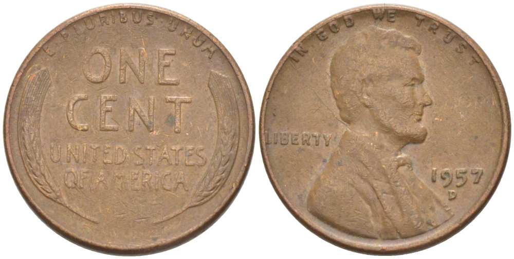 США 1 ЦЕНТ 1957 D, ЛИНКОЛЬН KM А132 медь цинк 218-316