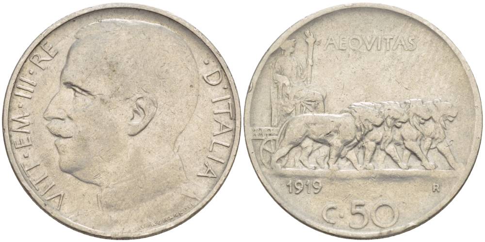 Италия 50 чентезимо 1919 R, Виктор Эммануил III (1900-1946), рубчатый гурт KM 61.2 никель 85-1135