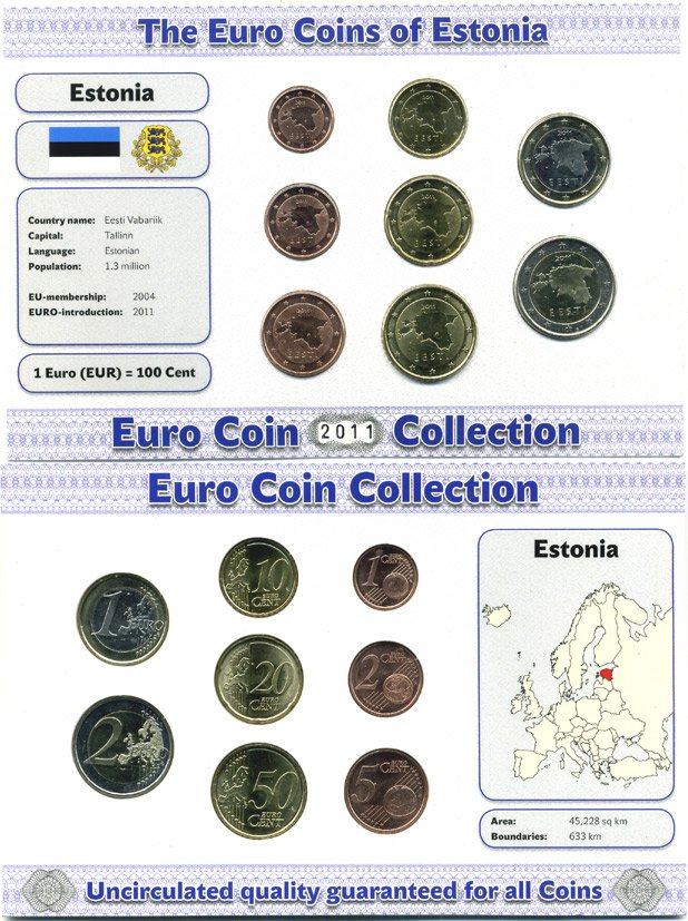 Эстония евронабор из 8 монет 2011 1, 2, 5, 10, 20, 50 евроцентов, 1 и 2 евро, в картонном буклете биметалл UNC 4-3-3-22