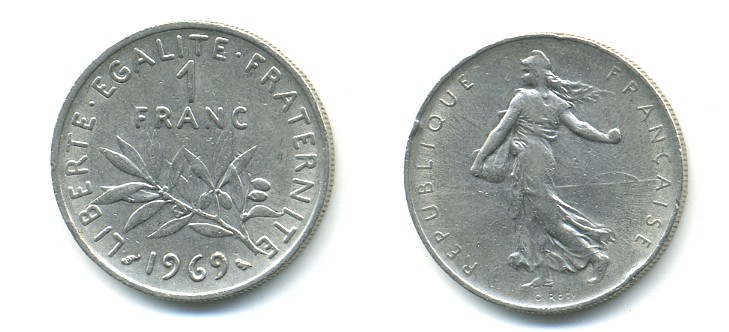 ФРАНЦИЯ 1 ФРАНК 1969 СЕЯТЕЛЬ KM 925.1 никель 57-151
