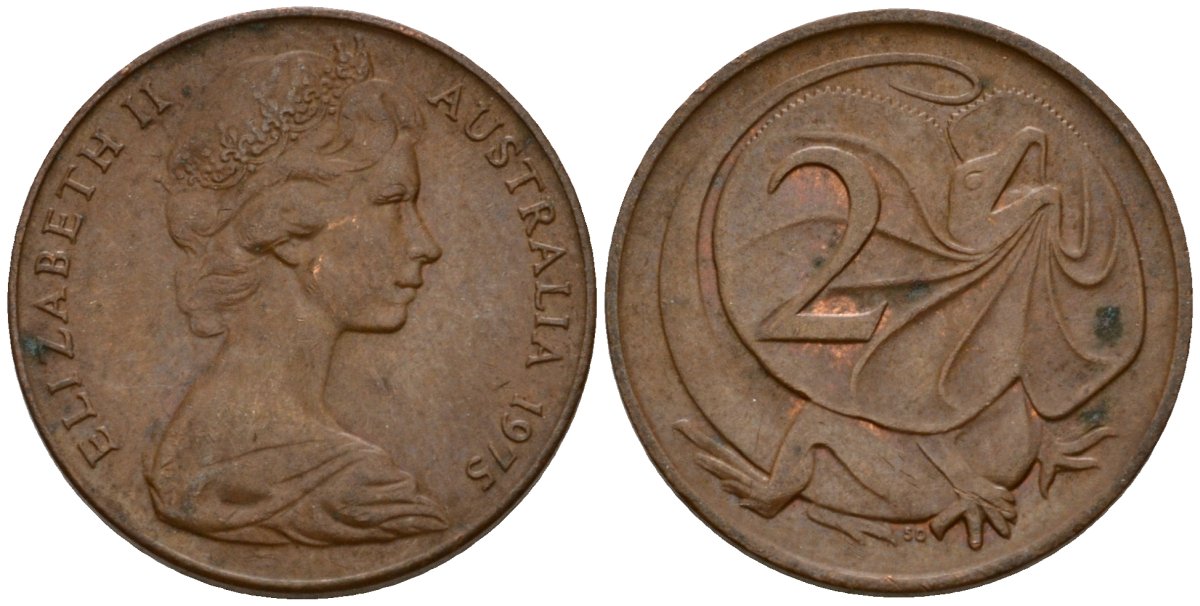 Австралия 2 цента 1975 Елизавета II (1953-), молодой портрерт, плащеносная ящерица KM 63 бронза 4601-746