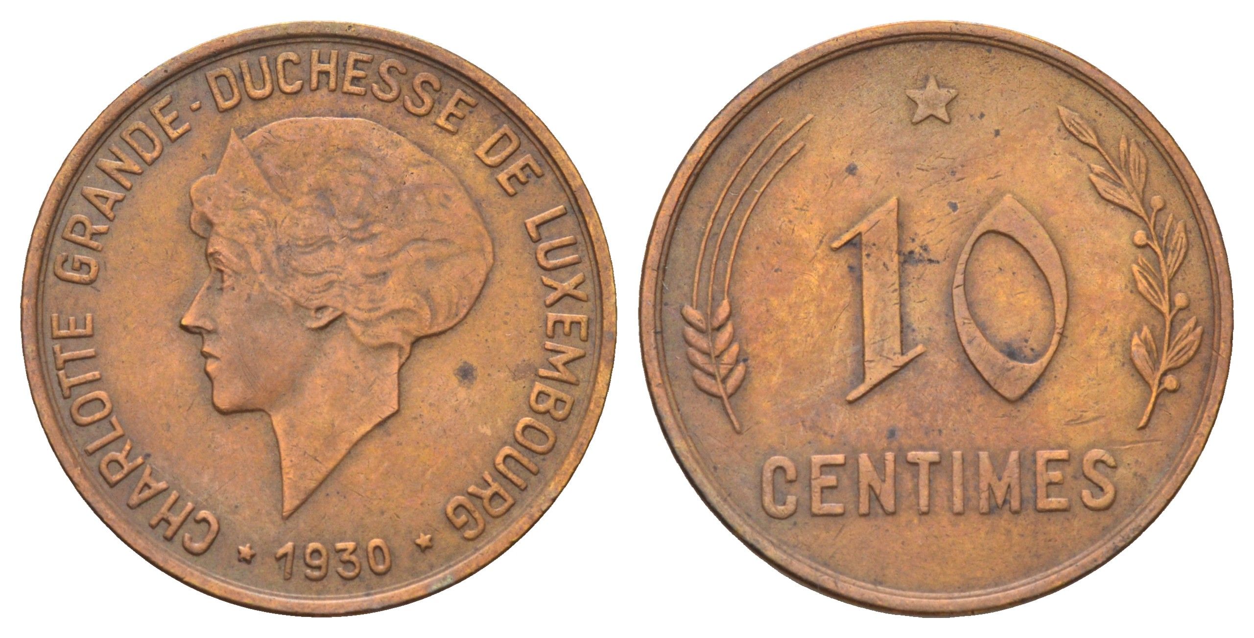 Люксембург 10 сантимов 1930 год-тип, Шарлотта (1918-1964) KM 41 бронза 4668-1127