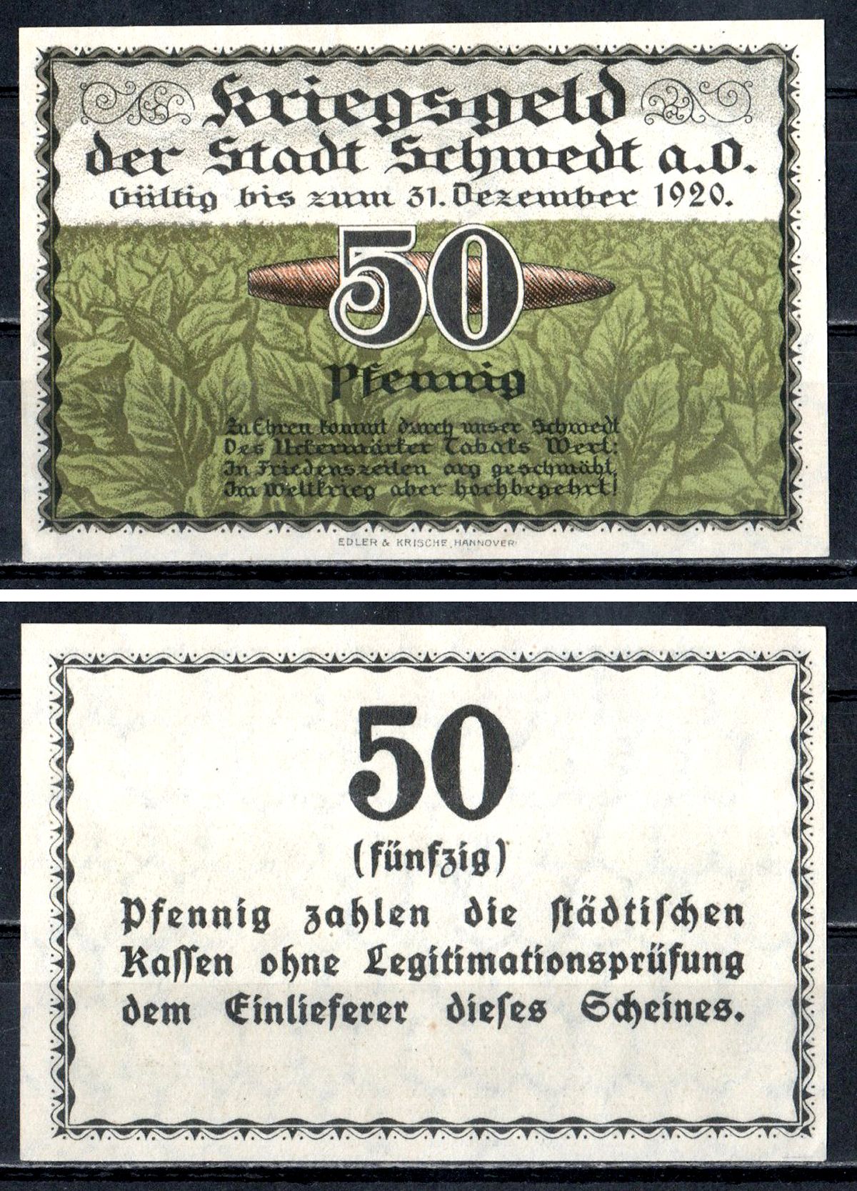 Шведт 50 пфеннигов 1920 пуля Mehl Grabowski S59.2b бумага UNC (пресс) 7556-61-1-2