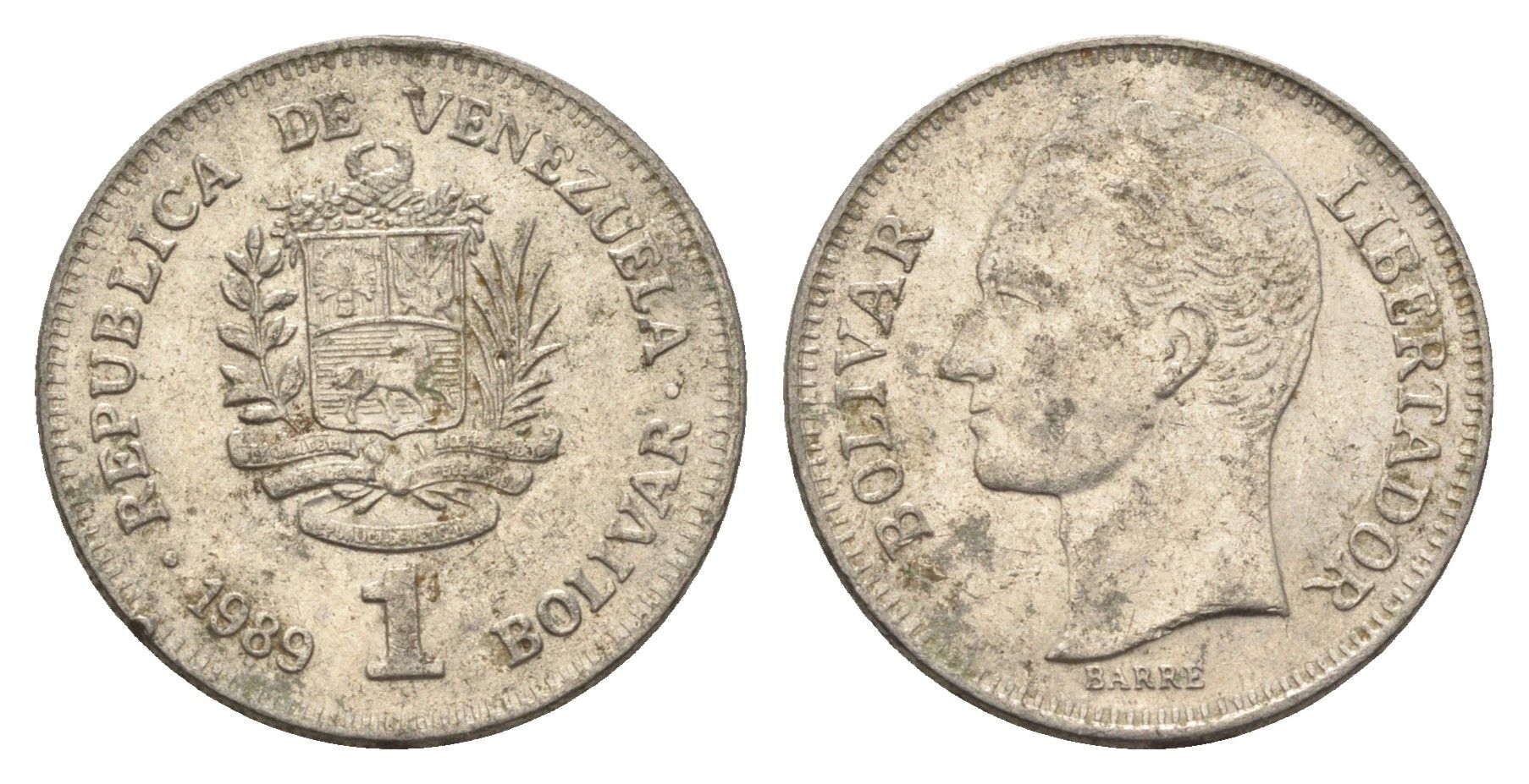 Венесуэла 1 боливар 1989 Симон Боливар, тонкий шрифт Y 52a.1 сталь плакированная никелем 4662-846