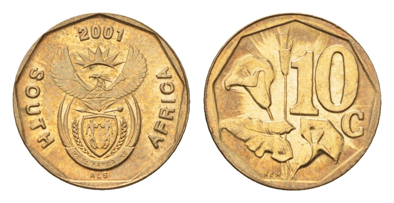 ЮАР 10 центов 2001 герб, цветок алоэ KM 224 сталь плакированная бронзой UNC 4694-767