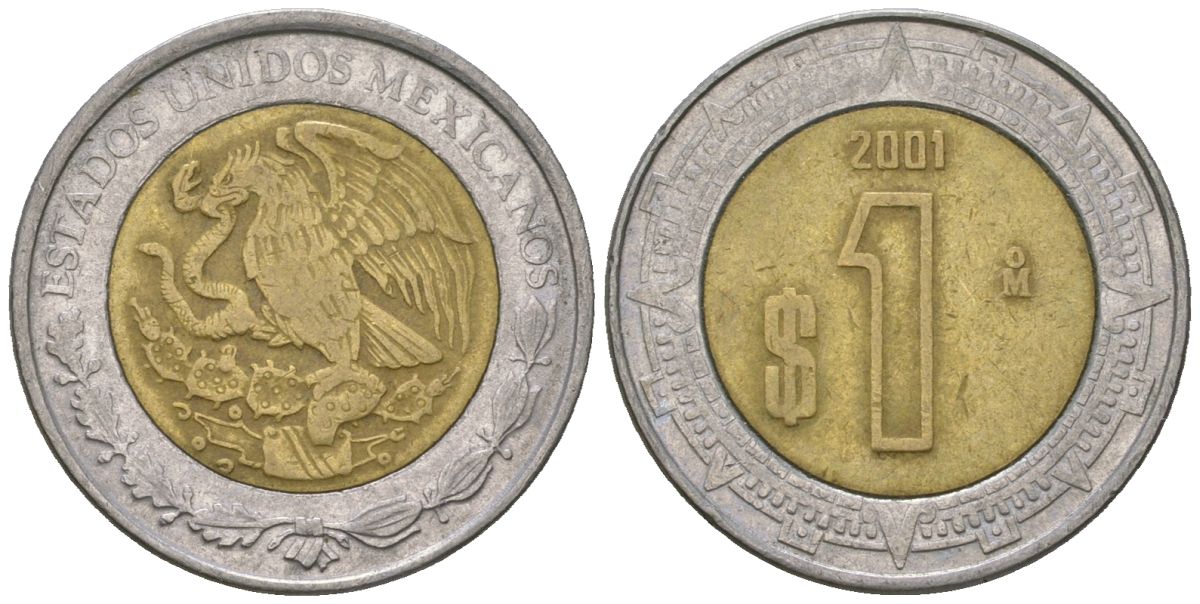 Мексика 1 песо 2001 Mo KM 603 биметалл 4591-154