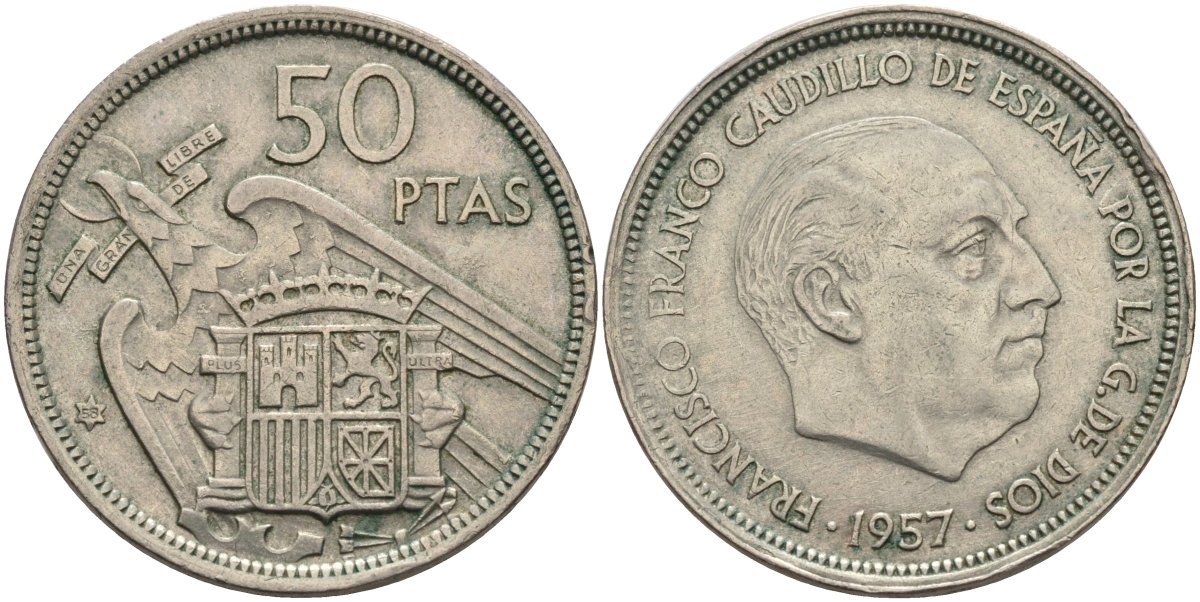 Испания 50 песет 1957 (58) Франсиско Франко (1939-1975) KM 788 медно-никель 81-1231