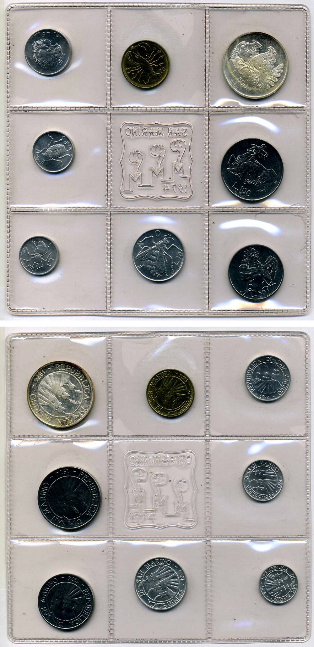 Сан-Марино годовой набор из 8 монет 1974 1, 2, 5, 10, 20, 50, 100 и 500 лир два стилизованных голубя KM 30-37, в оригинальной пластиковой запайке серебро KM MS3 серебро UNC 3-4-5-30