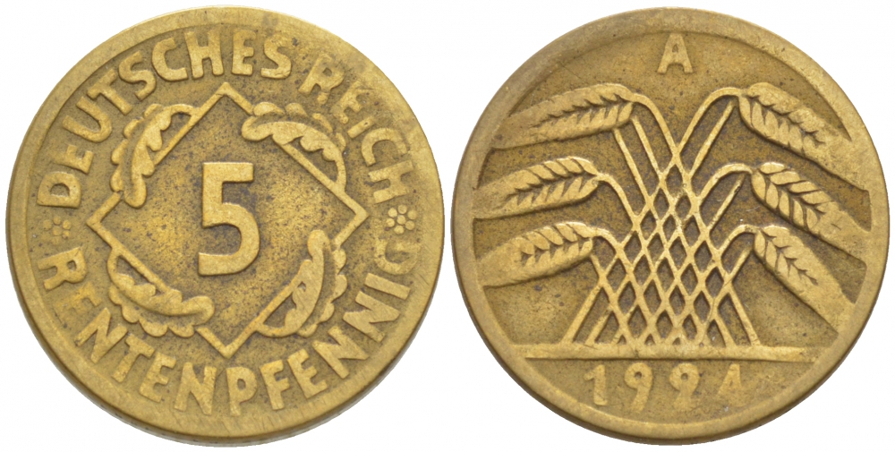 ГЕРМАНИЯ 5 РЕЙХСПФЕННИГОВ 1924 A, KM 39, J. 316 алюминиевая бронза 4396-1625