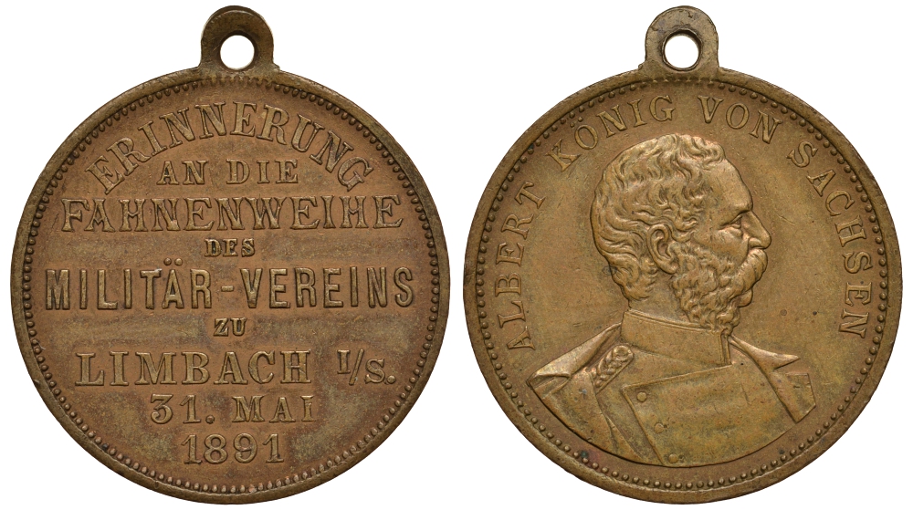 САКСОНИЯ МЕДАЛЬ 1891 АЛЬБЕРТ КОРОЛЬ САКСОНИИ, В ПАМЯТЬ ОСВЯЩЕНИЯ ЗНАМЕН, С КОЛЕЧКОМ ДЛЯ ПОДВЕСА 00-00