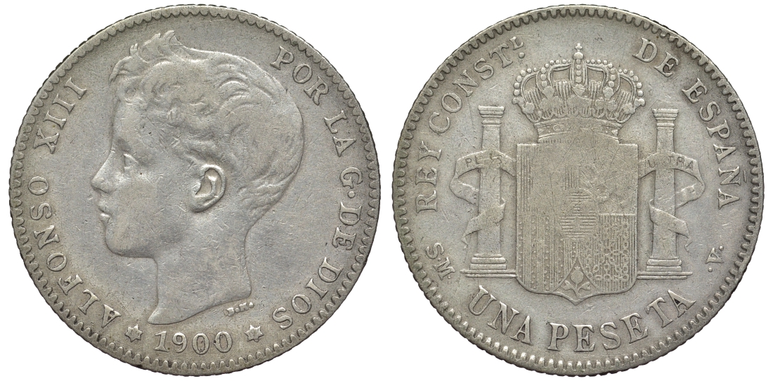 Испания 1 песета 1900 (00) SM-V, АЛЬФОНСО XIII (1886-1931) KM 706 (Y88) серебро 4566-634