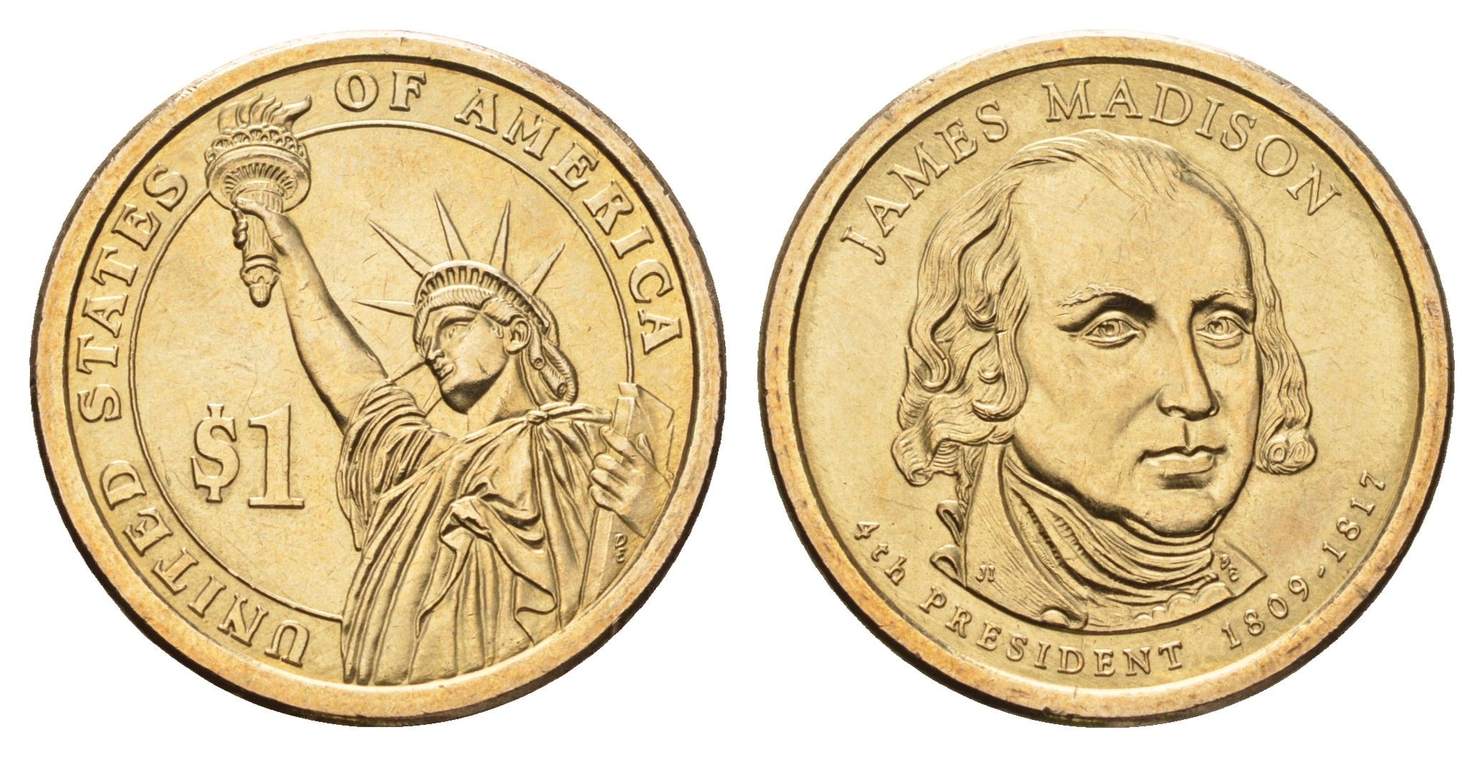 США 1 доллар 2007 P, серия президенты США, Джеймс Мэдисон (1809-1817) KM 404 медь с марганцево-латунным покрытием UNC 4700-1024